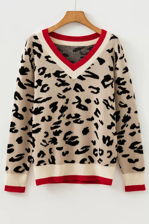 Leopard Pattern V-neck Ribbed Sweater option 5
