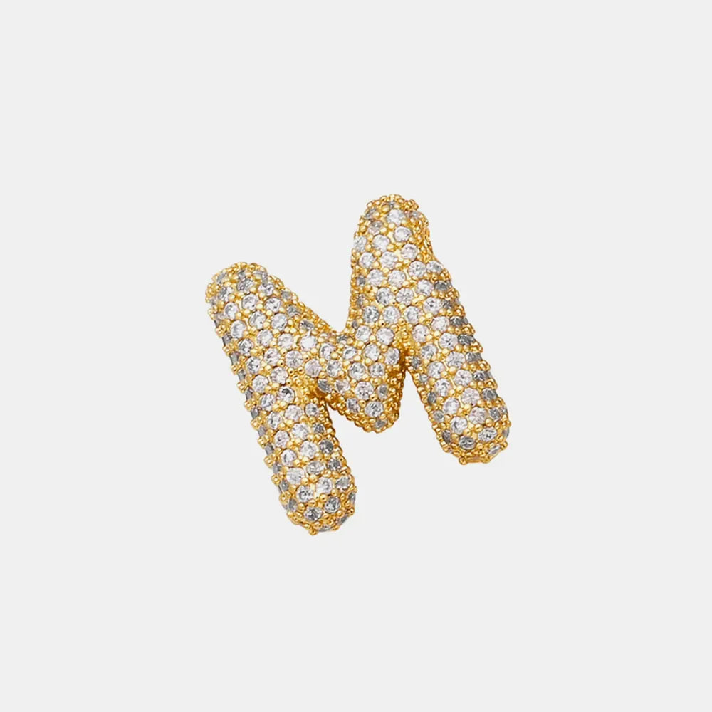 Puffed gold initial M necklace with pave zirconia details