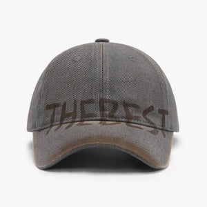 Dark Gray textured denim baseball cap with "THEREST" graphic detail