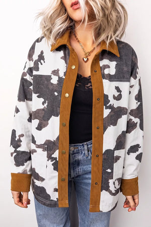 dark gray denim jacket featuring buttoned and cow-print