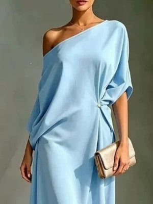 Light blue one-shoulder dress with draped sleeves and a ruched detail at the hip.