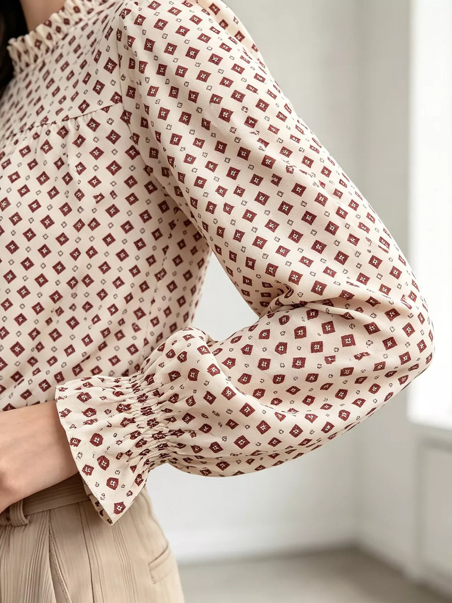 Printed Flounce Sleeve Blouse in Brown with frill