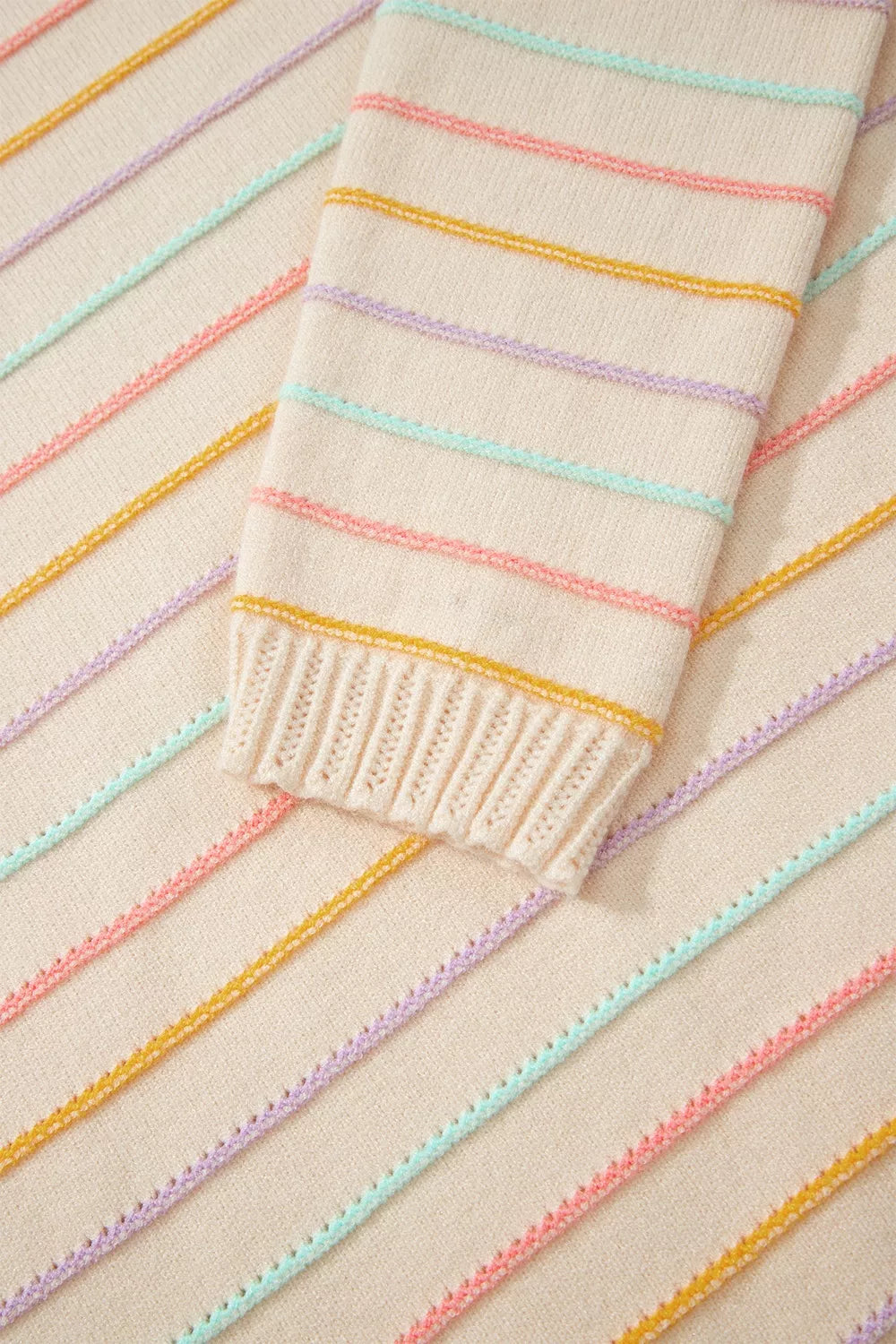 Colorful Striped Crew Neck Knit Sweater in Beige with stretch