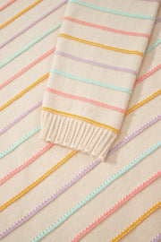 Colorful Striped Crew Neck Knit Sweater in Beige with stretch