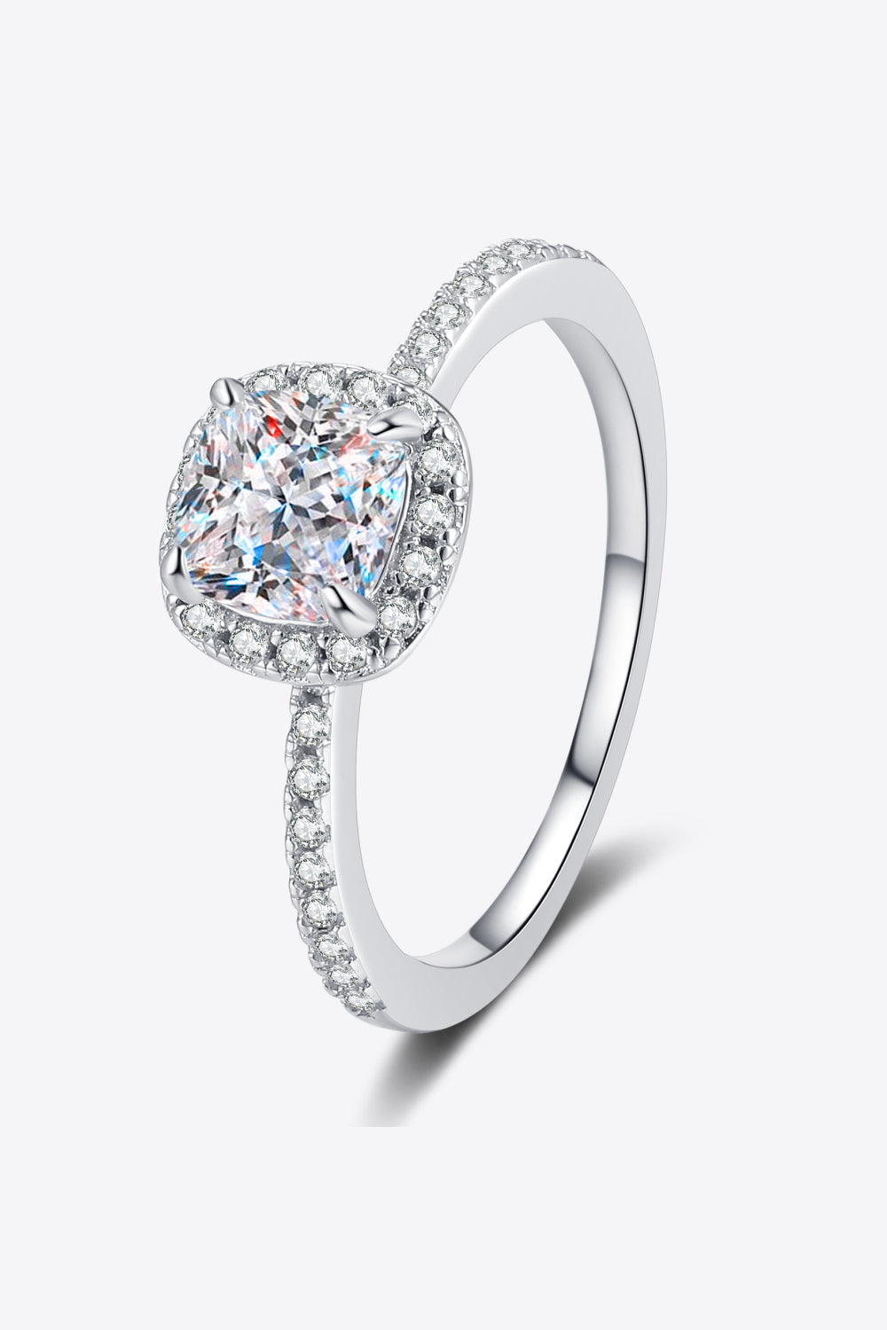 Silver cushion cut moissanite ring with pavé band
