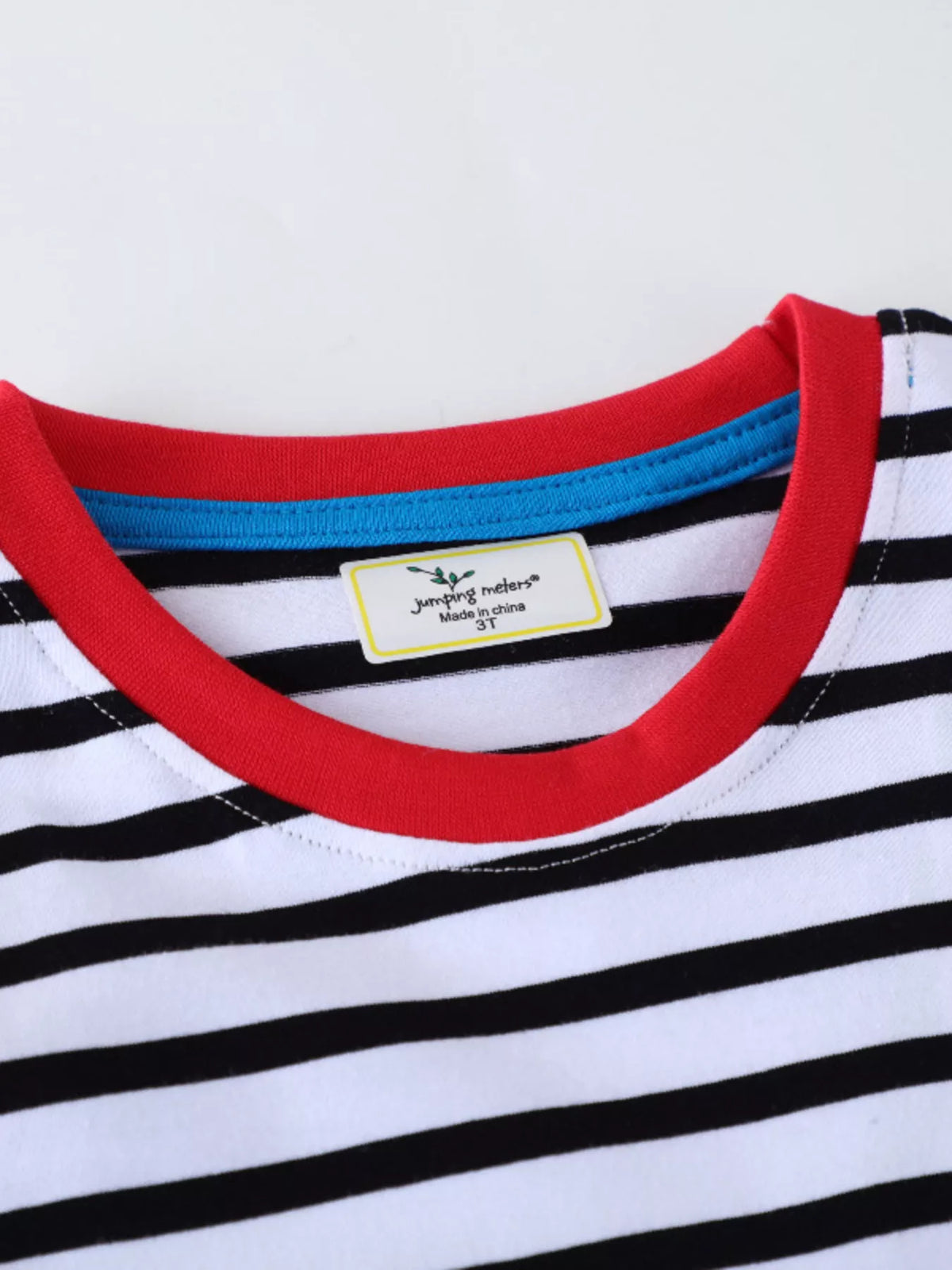 Baby black and white striped t-shirt with red and blue trim.