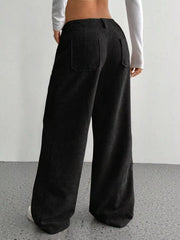 Black corduroy wide-leg trousers with back pockets, shown from the back.
