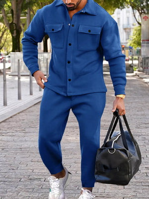 dusty blue relaxed lounge set with collared