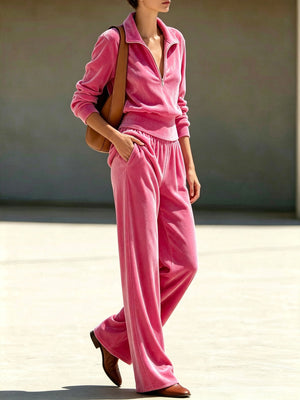athleisure sweatshirt and wide-leg pants set in Burgundy with collared