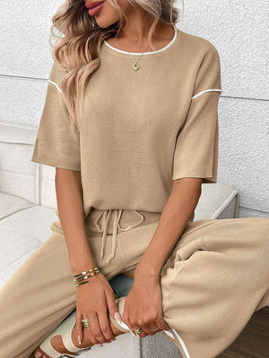 Khaki loungewear set with crew neck top and drawstring pants, white trim detail