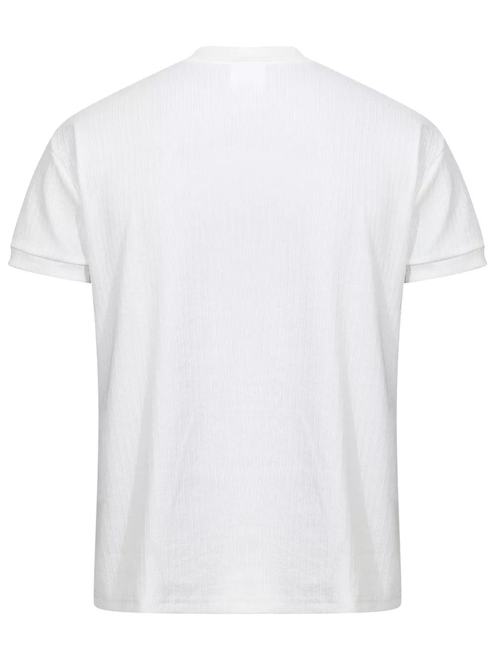 Men's white textured ribbed henley t-shirt with short sleeves.