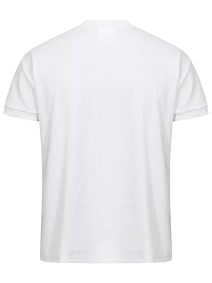Men's white textured ribbed henley t-shirt with short sleeves.