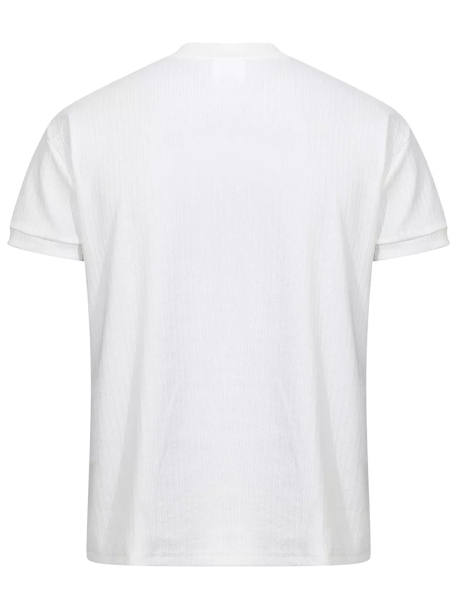 Men's white textured ribbed henley t-shirt with short sleeves.