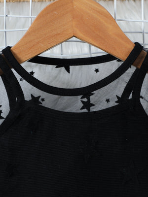Black cami with sheer star overlay and scoop neck.