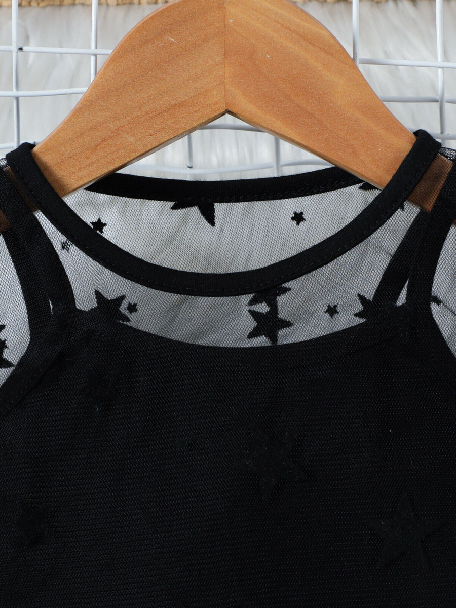Black cami with sheer star overlay and scoop neck.