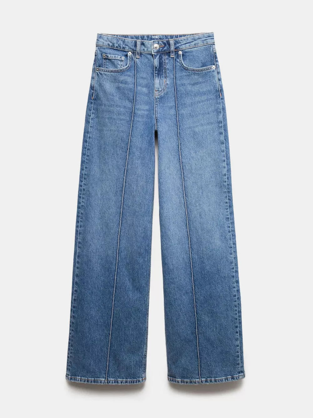 Seam-detail wide leg maternity jeans in blue denim with pockets.