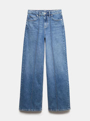 Seam-detail wide leg maternity jeans in blue denim with pockets.