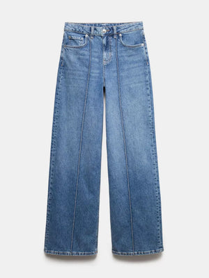 Seam-detail wide leg maternity jeans in blue denim with pockets.