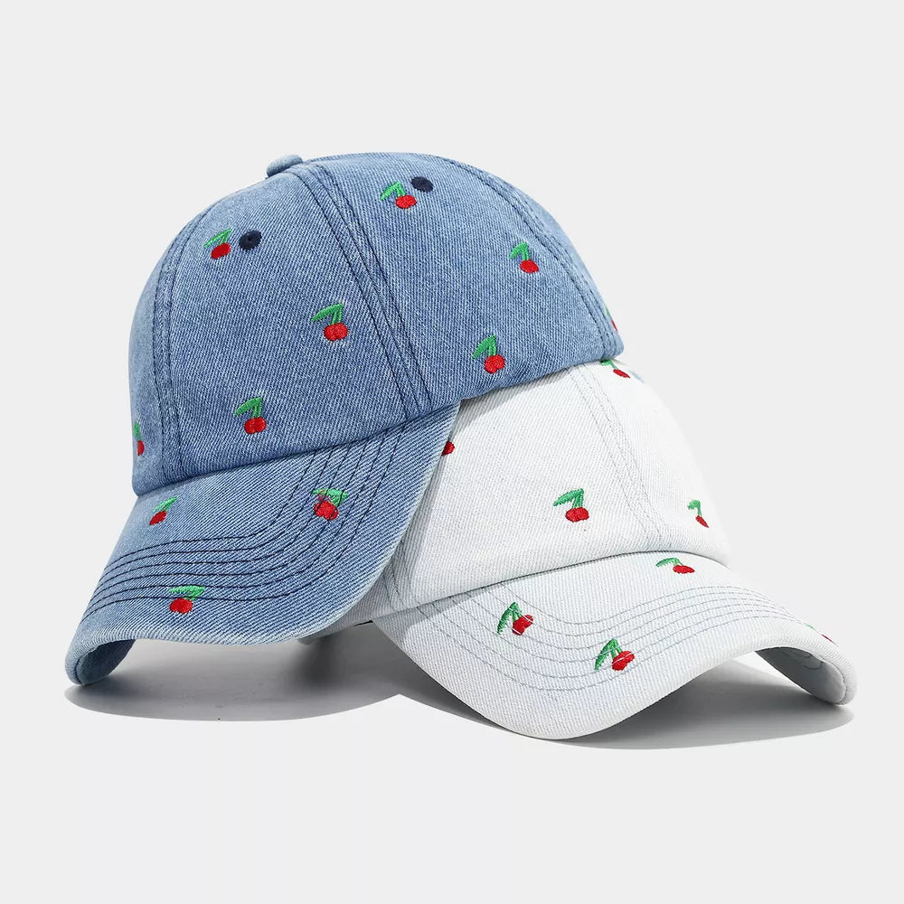 light blue cap with cherry print and N/A