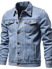 Light wash denim trucker jacket with classic fit and button closure.