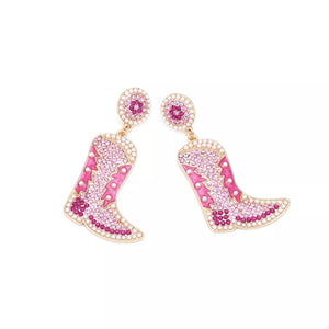 Dazzling rose red cowboy boot dangle earrings with pearls and rhinestones.