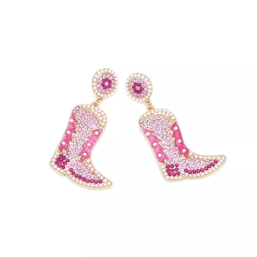 Dazzling rose red cowboy boot dangle earrings with pearls and rhinestones.