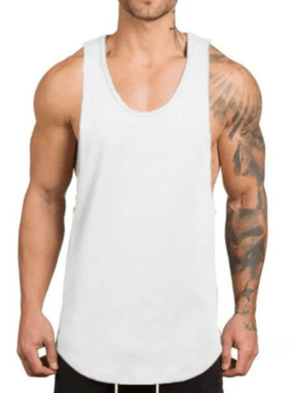 White scoop neck muscle tank top with curved hem.
