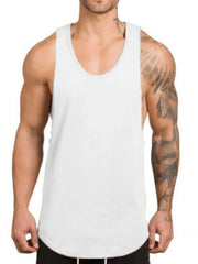 White scoop neck muscle tank top with curved hem.