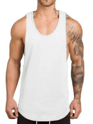 White scoop neck muscle tank top with curved hem.
