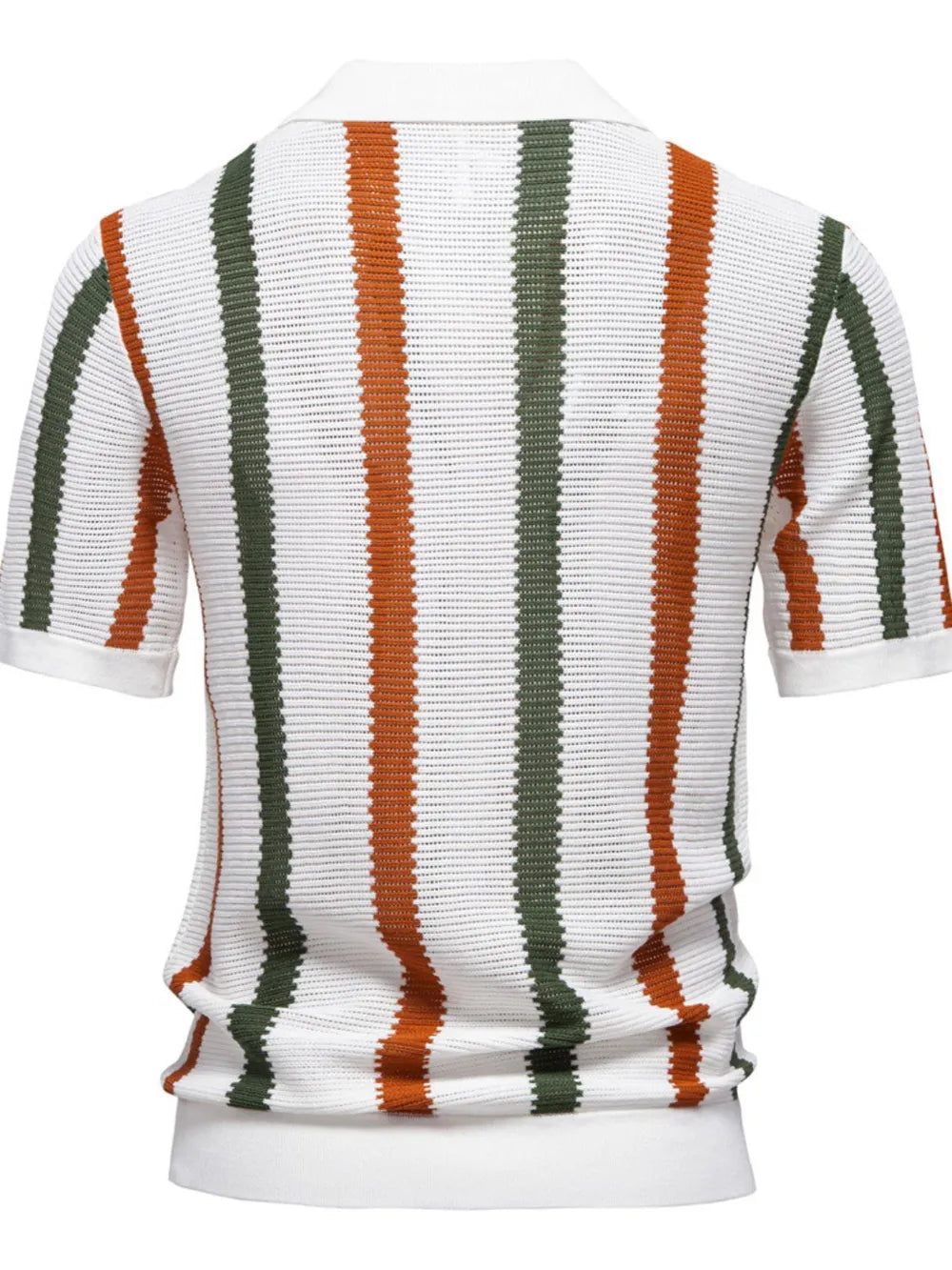 Textured stripe polo shirt with open collar in white with burnt orange and green stripes.