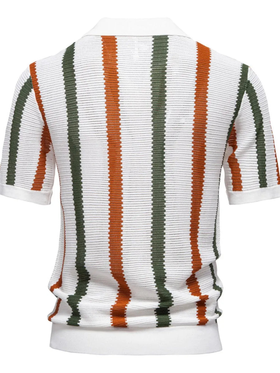 Textured stripe polo shirt with open collar in white with burnt orange and green stripes.