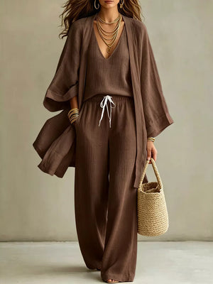 Brown linen blend kimono set with V-neck top and wide-leg pants, drawstring waist.