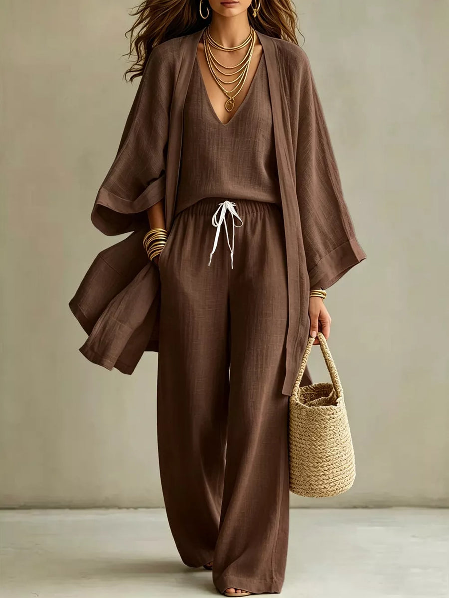 Brown linen blend kimono set with V-neck top and wide-leg pants, drawstring waist.