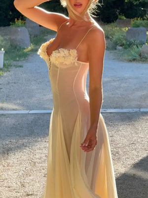 Sheer yellow slip dress with floral applique bust and spaghetti straps