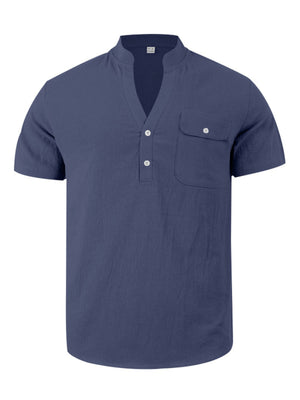 Navy blue cotton band collar short sleeve shirt with two chest pockets and button detail