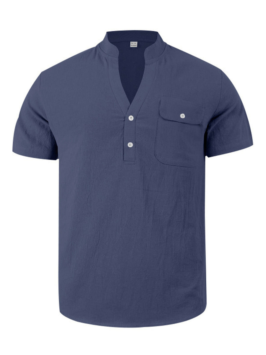 Navy blue cotton band collar short sleeve shirt with two chest pockets and button detail