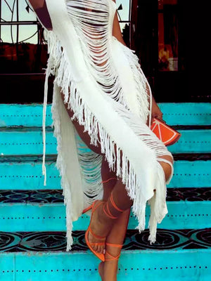White distressed fringe midi dress with square neck and bodycon fit.