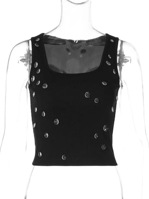 Black cropped square neck tank top with scattered rhinestones