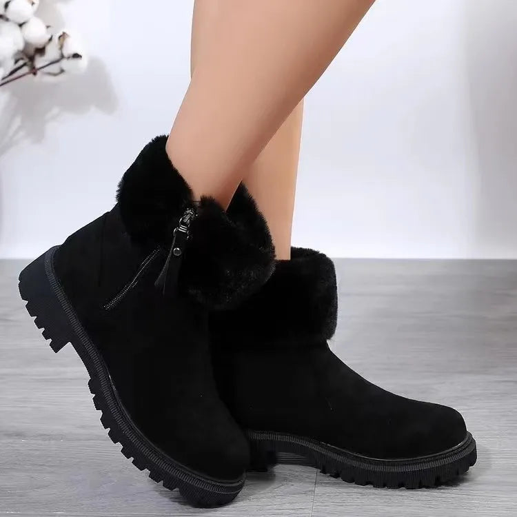 Black suede shearling trim ankle boots with side zipper detail