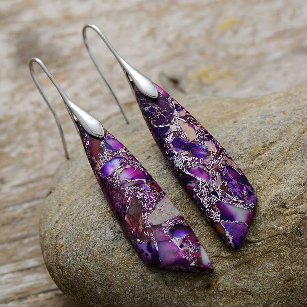 Purple and silver marbled stone dangle earrings with silver hooks.