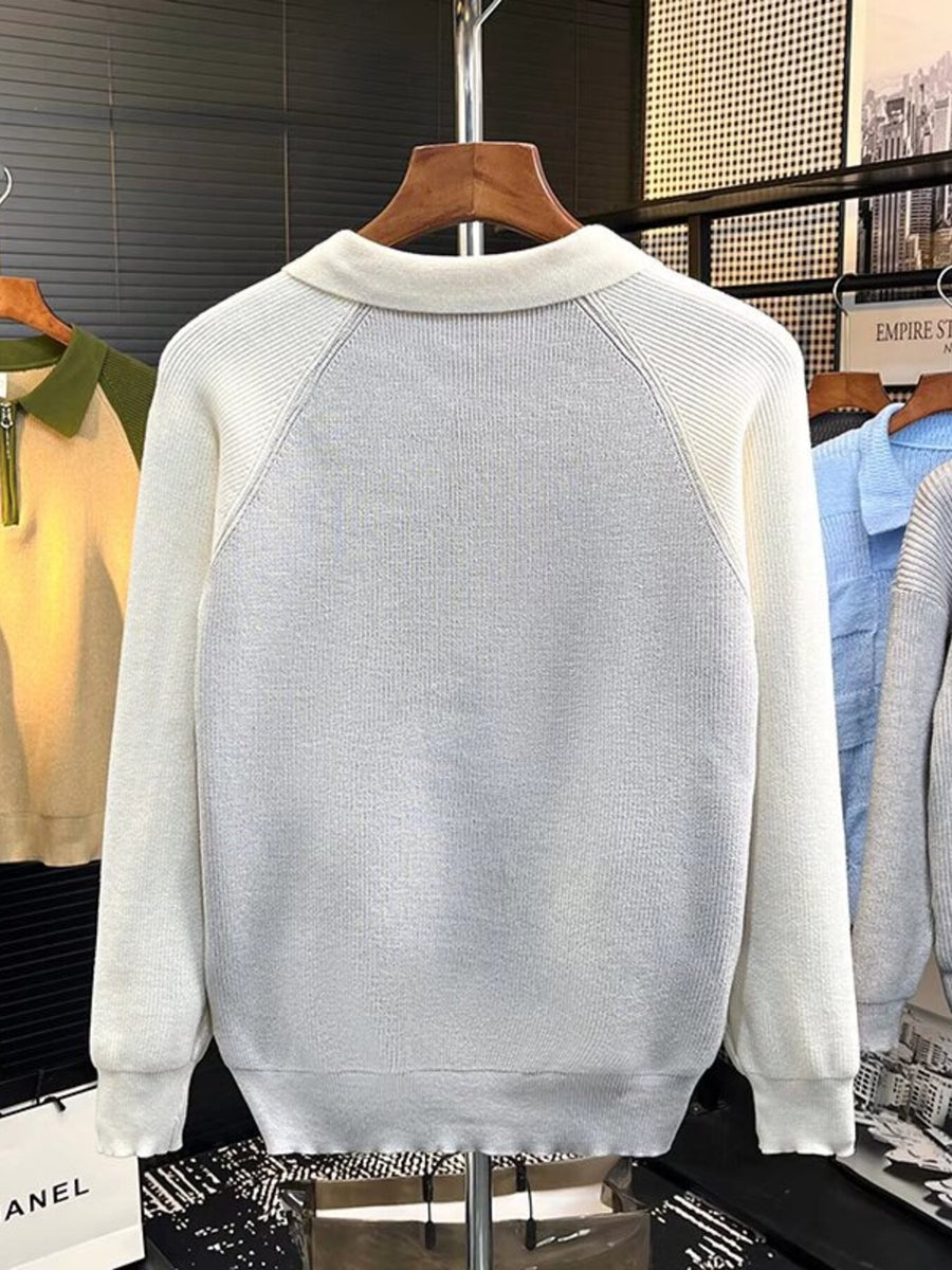 White ribbed knit polo sweater with long sleeves