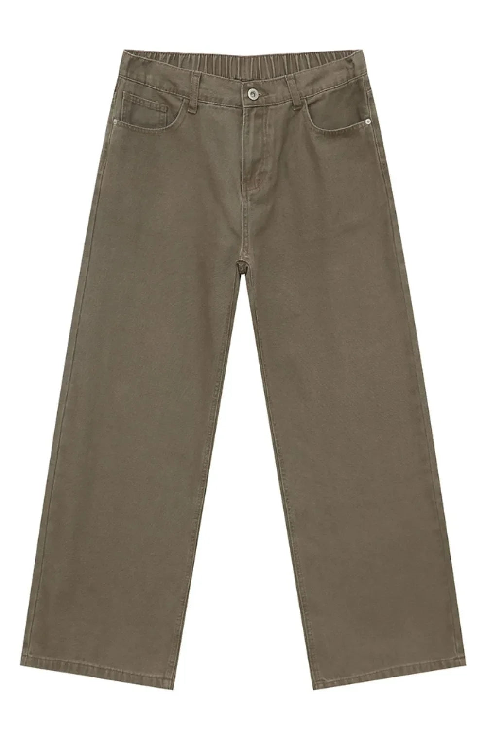 Taupe elastic waist straight-leg denim jeans with a casual, basic style.