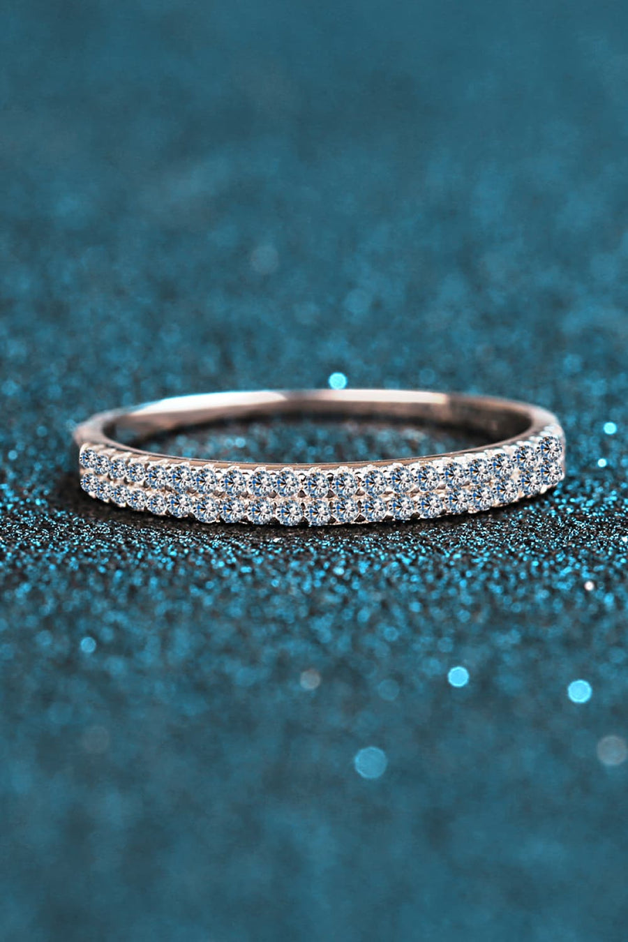 Pavé band sterling silver ring with two rows of clear stones