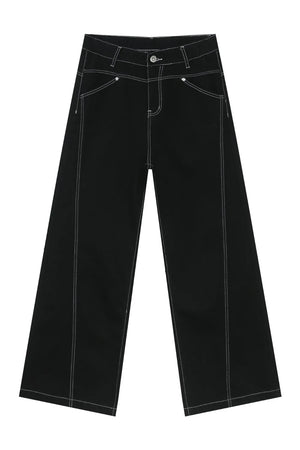 Black relaxed fit denim jeans with contrast white stitching and wide leg.