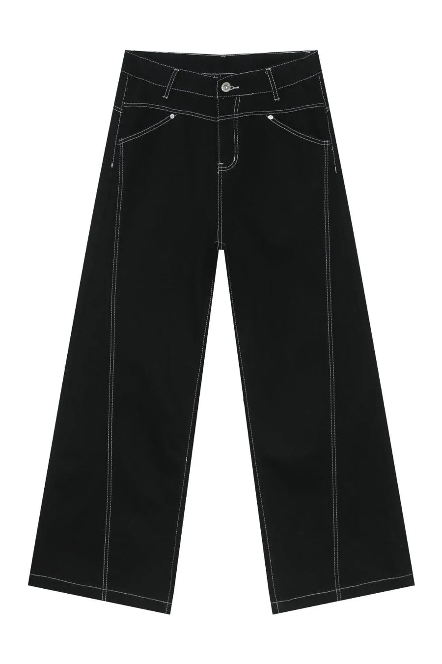 Black relaxed fit denim jeans with contrast white stitching and wide leg.