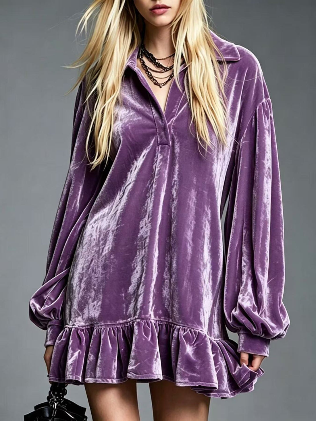 mini dress in lavender featuring ruffled and relaxed fit