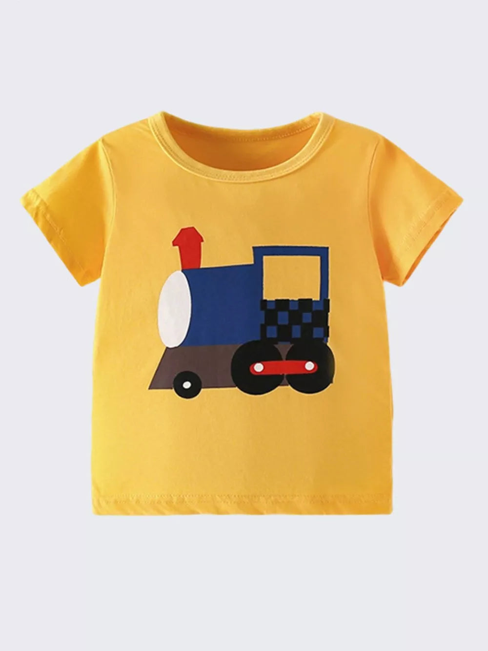 Yellow cotton t-shirt with a playful blue and red train graphic for toddlers.