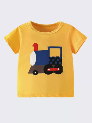 Yellow cotton t-shirt with a playful blue and red train graphic for toddlers.