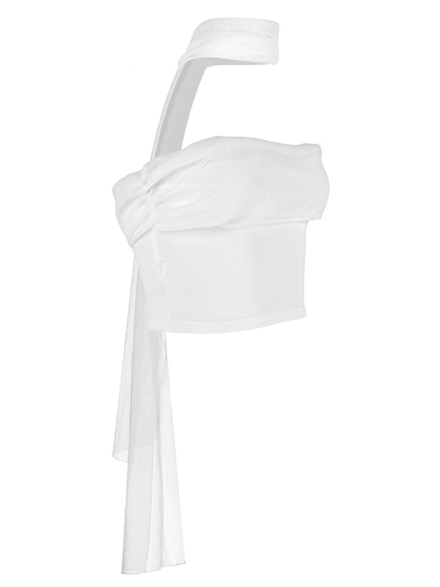 White ruched tube top with sheer scarf detail and halter neck.