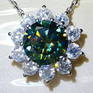 silver necklace featuring moissanite stones and floral